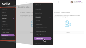 Educator account in Xello, Opportunities selected from side menu